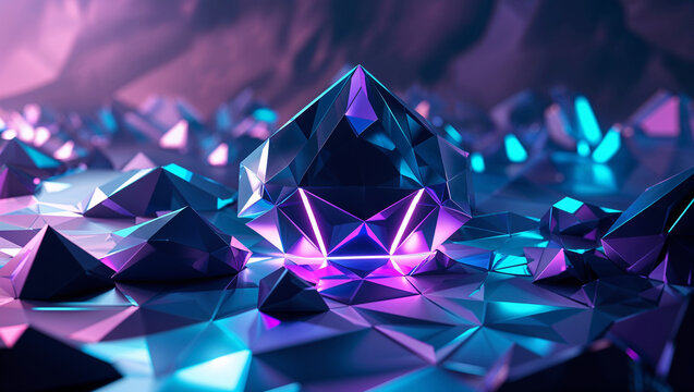 Geometric abstract crystal with illuminated interior on reflective surface in neon purple and blue