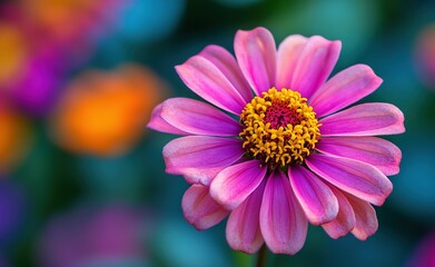 Obraz premium Vibrant Zinnia Flower Bloom with Yellow Center and Soft Blurred Background 