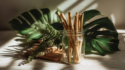 Reusable drinking straws. Sustainable lifestyle. The concept of eco-products and reusable use.