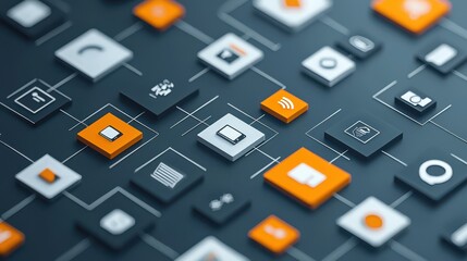 A minimalist and modern composition of abstract geometric shapes in shades of orange and gray creating a technological and conceptual visual design