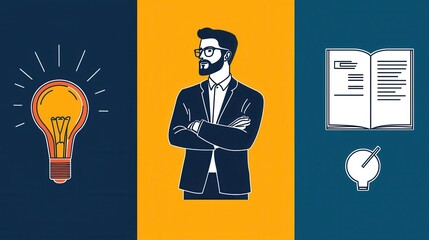 A well dressed focused businessman standing with arms crossed surrounded by symbols of innovation education and strategic planning