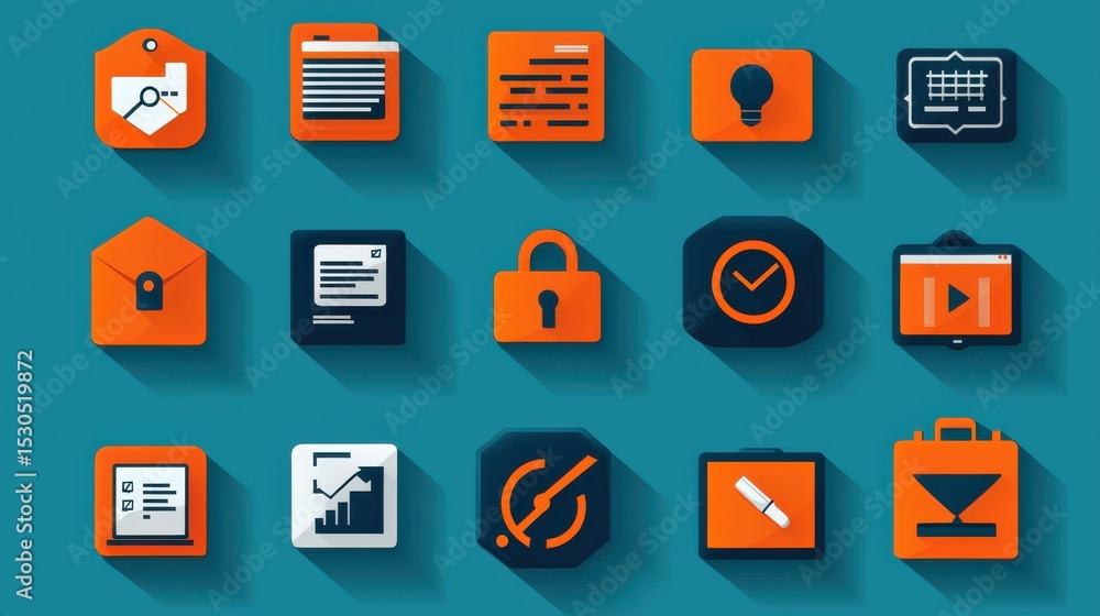 Aufkleber a set of colorful flat design icons representing various business and office technology tools and ap