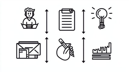 A set of icons depicting different elements of business paperwork checklists strategic planning and problem solving highlighting the various aspects of office work and professional development