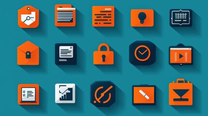A set of colorful flat design icons representing various business and office technology tools and applications including analytics security documents presentations and more