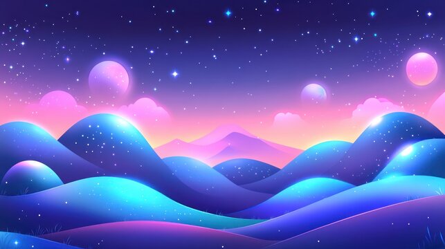 Colorful landscape with rolling hills and glowing celestial bodies.
