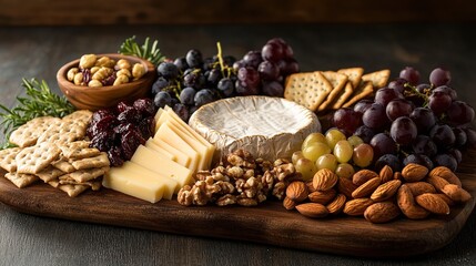 A rustic wooden board displays a gourmet cheese and charcuterie arrangement featuring camembert, hard cheese wedges, assorted nuts (almonds, hazelnuts, crackers; garnished with rosemary sprigs