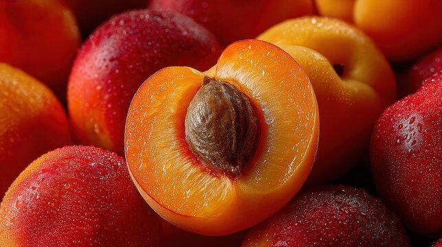 Close-up view of juicy apricot halves revealing the textured core, glistening with water droplets. This visually appealing arrangement highlights the fruit's vibrant colors