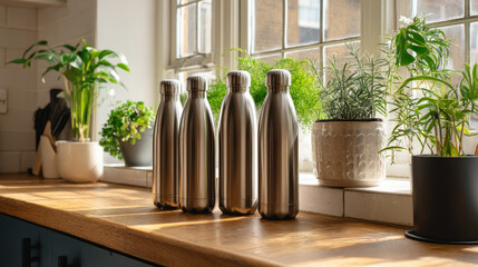Zero-waste stainless steel water bottles in a modern urban kitchen, with potted plants and a sunny window
