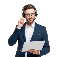 Handsome man using laptop wearing headset in call center support service job professional business look