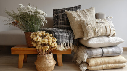 Upcycled textile home decor items such as pillows and throws, placed in a minimalist living room with neutral tones