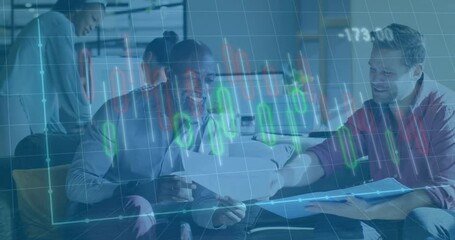 colleagues exchanging pen, paper upon chart updating pointing at laptop and analyzing finance spike - Powered by Adobe