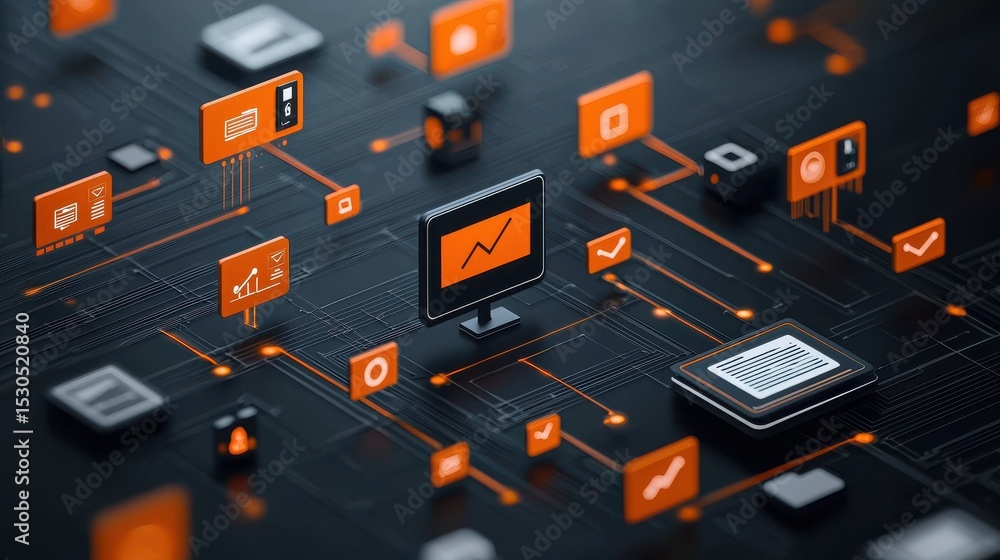 Poster abstract digital technology communication network with various electronic devices and icons represen