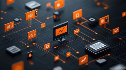 Abstract digital technology communication network with various electronic devices and icons representing the interconnected nature of modern digital infrastructure