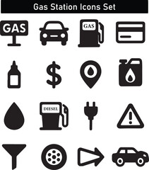 Gas Station Icons Set – Fuel, Electric, Car, Payment, Location Symbols