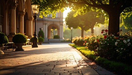 Obraz premium Morning light shining through trees on a serene garden pathway tranquil park outdoor scene nature's beauty