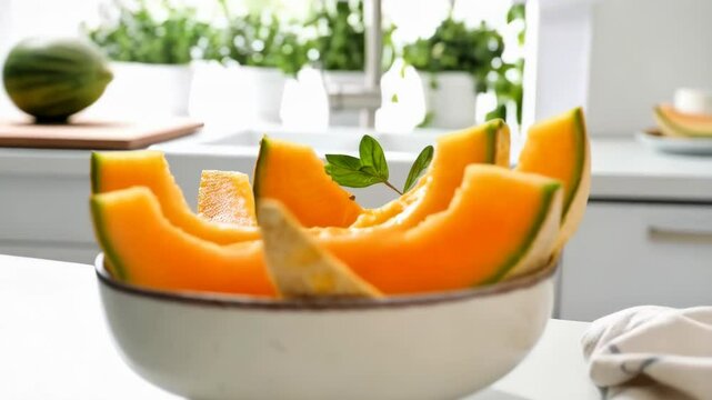 Close-up of Cantaloupe Melon Slices in a Bowl on White Kitchen Countertop near a Sink and Green Plants in Pots