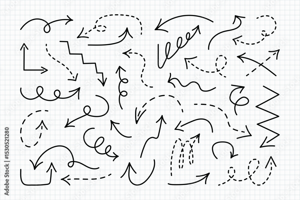 Poster doodle freehand arrows set with editable stroke on notebook sheets in squares. simple hand drawn bla