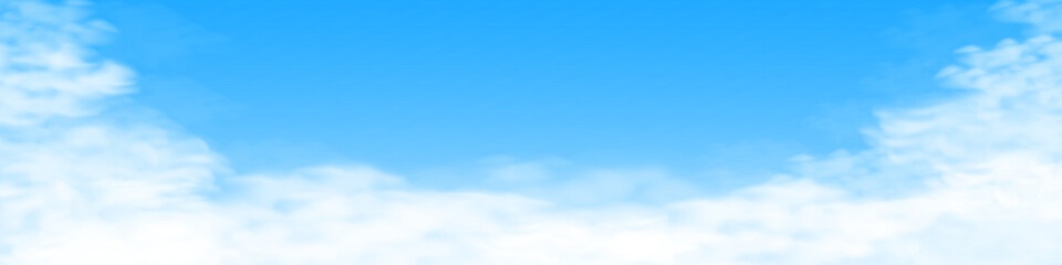 Blue realistic sky cloudy banner with copy space. Nature Landscape Background with Fluffy white 3d clouds. Sunny day effect.