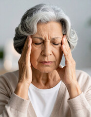 An elderly woman with gray hair closes her eyes and presses her temples with both hands, appearing to suffer from a headache or intense stress.
