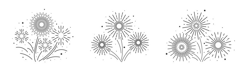 Fireworks flat style. Black editable lines to celebrate event. Blast explosion icons set. Firecracker happy new year, birthday. Sparkles and stars for poster banner card on festival anniversary party