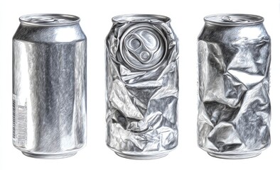 Three aluminum cans, one whole, one open, one crumpled, in grayscale
