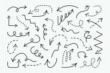 Doodle freehand Arrows set with editable stroke on notebook sheets in squares. Simple hand drawn black dot lines in various directions. Back to school dotted pointers. Sketch outline long thick icons