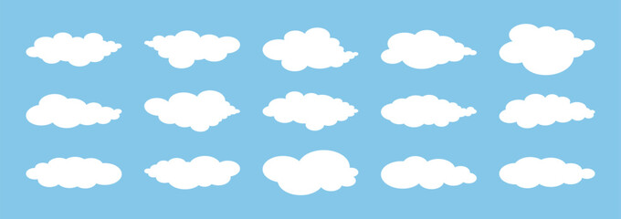 Set of Cloud in flat simple style. Fluffy white abstract cloudy elements in blue sky. Fluffy weather illustration for poster banner card. Empty text border.