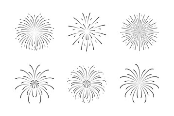 Fireworks celebration Set. Black editable Firecracker in flat style. Blast explosion icon. Happy new year birthday. Sparkles for poster banner card on festival anniversary party. Simple line splashes
