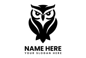 Stylized black silhouette vector logo of a wise owl with intense eyes and sharp features representing knowledge and nature