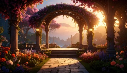 Fototapeta premium Enchanting sunset walkway through floral archways serene garden path nature photography dreamy atmosphere peaceful view