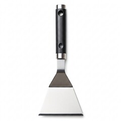 A metal grill spatula with a perforated surface and a black handle,