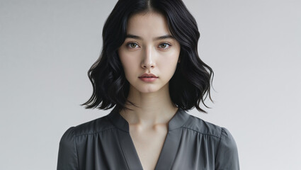 Fototapeta premium Portrait of a beautiful asian woman with dark wavy hair and a serious expression.