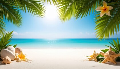 Fototapeta premium Relaxing beach scene with palm trees ocean and shells tropical paradise bright sunlight serene atmosphere