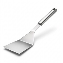 A metal grill spatula with a perforated surface and a black handle,