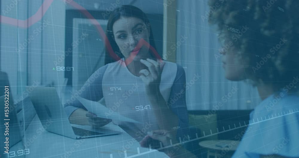 Poster financial advisor tapping report, causing red graph overlay while colleague analyzing finance data