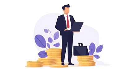 A man in a suit is standing in front of a pile of gold coins. He is holding a laptop and he is working. Concept of wealth and success
