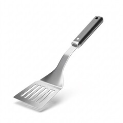 A metal grill spatula with a perforated surface and a black handle,
