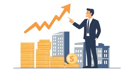 A man pointing at a graph with a large upward arrow and stacks of coins. Concept of financial growth and success