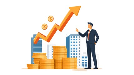 A man pointing to a graph with a rising line and stacks of money. The man is dressed in a suit and tie