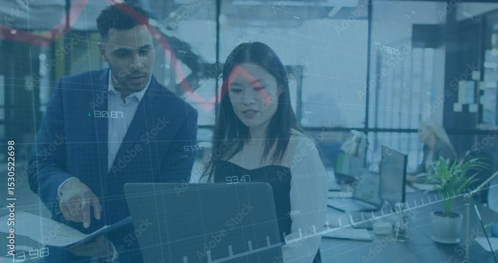 Poster coworker pointing causing transparent finance overlay on laptop while colleague scrolling metrics