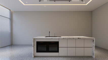 Empty Room with Marble Island Table 8K 3D Render, Natural & Artificial Lighting