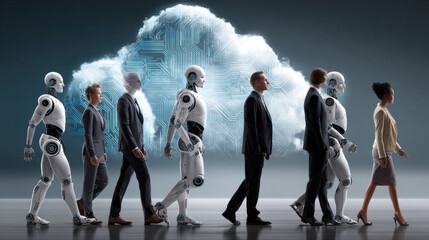 Hands of robots and human touch on cloud computing enhance collaboration in data processing storage and analysis. Robotics leverages cloud resources for improved efficiency and scalability.