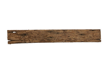 Weathered brown wooden plank with visible nail holes and splintered edge on a white background