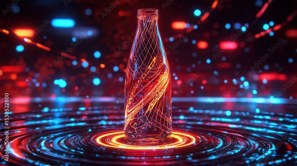 Poster illuminated glass bottle with glowing network patterns on a circular platform.