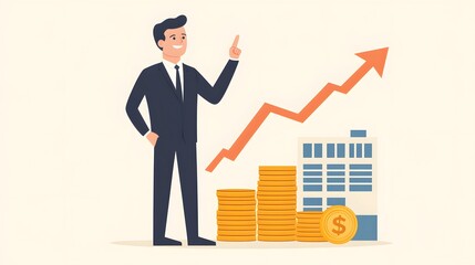 A man pointing at a graph with a large upward arrow and stacks of coins. Concept of financial growth and success