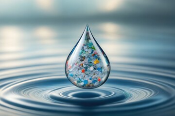 Microplastic Pollution Water droplet with miniature plastic debris, highlighting environmental pollution and microplastics.