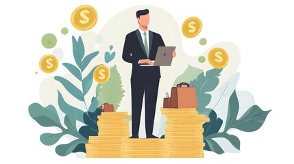 A man is standing in front of a pile of money, with a laptop in his hand.