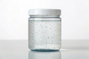 Microplastic Pollution A water sample jar displaying visible floating microplastics for environmental studies.