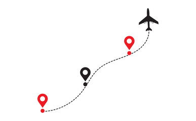 Airplane Travel Path with Red and Black Destination Map Pins