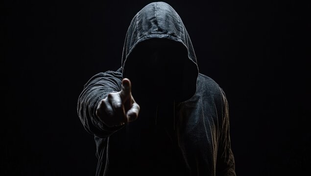 a mysterious hooded figure emerges from the shadows pointing directly at the viewer hinting at accusation responsibility or invitation within a suspenseful narrative setting